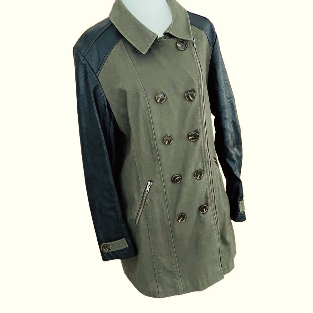 Motto Military Trench Coat with Faux Leather Trim olive green/black size M - Picture 8 of 10